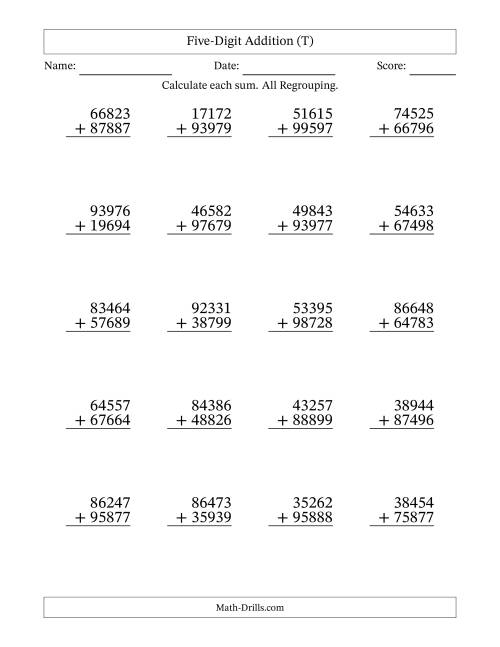 The Five-Digit Addition With All Regrouping – 20 Questions (T) Math Worksheet