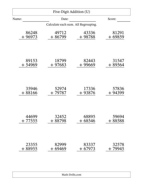 The Five-Digit Addition With All Regrouping – 20 Questions (U) Math Worksheet