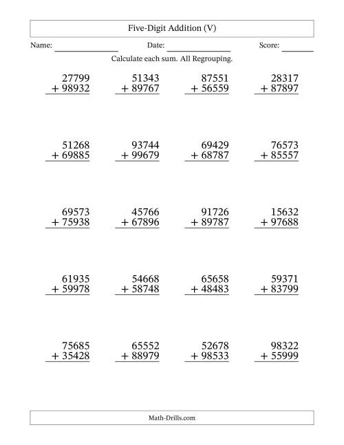 The Five-Digit Addition With All Regrouping – 20 Questions (V) Math Worksheet
