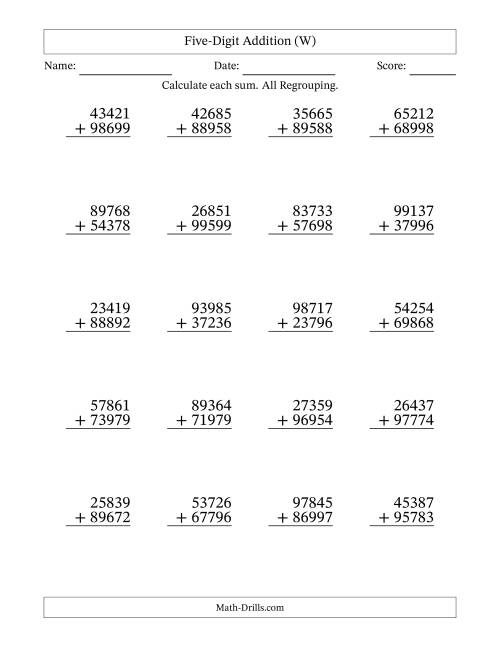 The Five-Digit Addition With All Regrouping – 20 Questions (W) Math Worksheet
