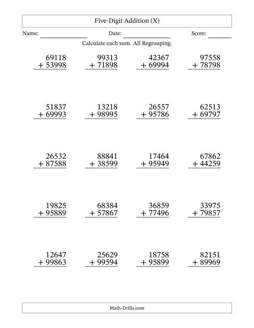 The Five-Digit Addition With All Regrouping – 20 Questions (X) Math Worksheet
