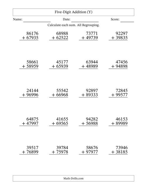 The Five-Digit Addition With All Regrouping – 20 Questions (Y) Math Worksheet