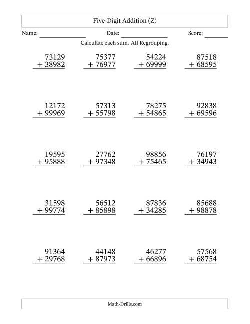 The Five-Digit Addition With All Regrouping – 20 Questions (Z) Math Worksheet