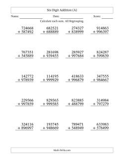 Six-Digit Addition With All Regrouping – 20 Questions