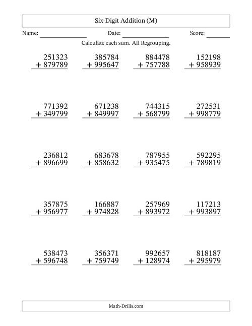 The Six-Digit Addition With All Regrouping – 20 Questions (M) Math Worksheet