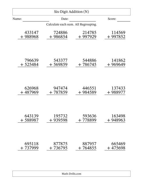 The Six-Digit Addition With All Regrouping – 20 Questions (N) Math Worksheet