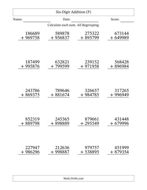 The Six-Digit Addition With All Regrouping – 20 Questions (P) Math Worksheet