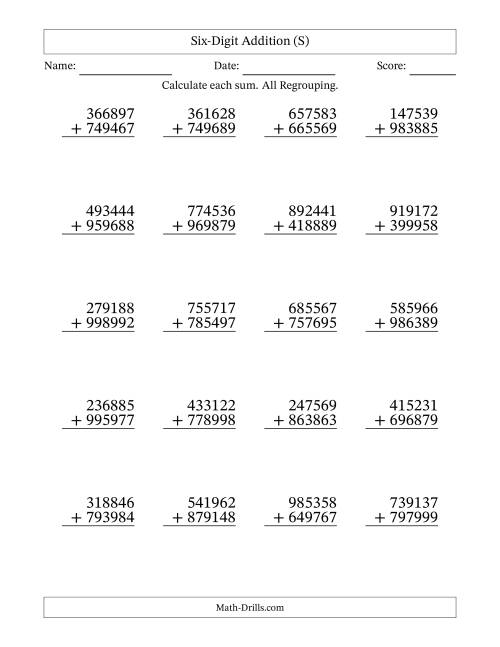 The Six-Digit Addition With All Regrouping – 20 Questions (S) Math Worksheet