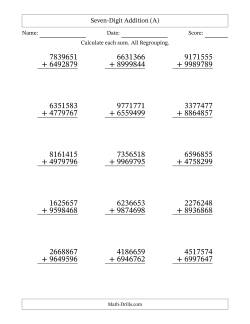 Seven-Digit Addition With All Regrouping – 15 Questions