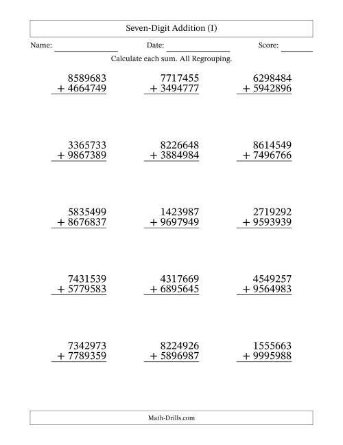 The Seven-Digit Addition With All Regrouping – 15 Questions (I) Math Worksheet