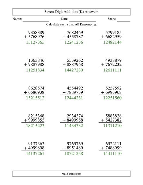 The Seven-Digit Addition With All Regrouping – 15 Questions (K) Math Worksheet Page 2