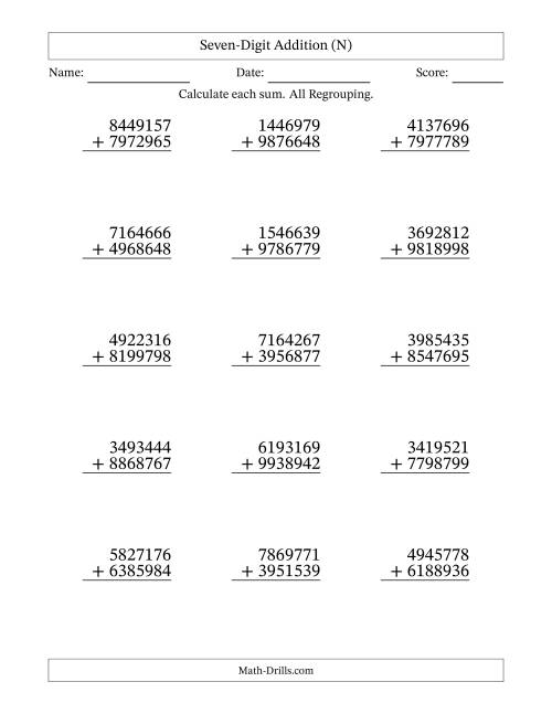 The Seven-Digit Addition With All Regrouping – 15 Questions (N) Math Worksheet