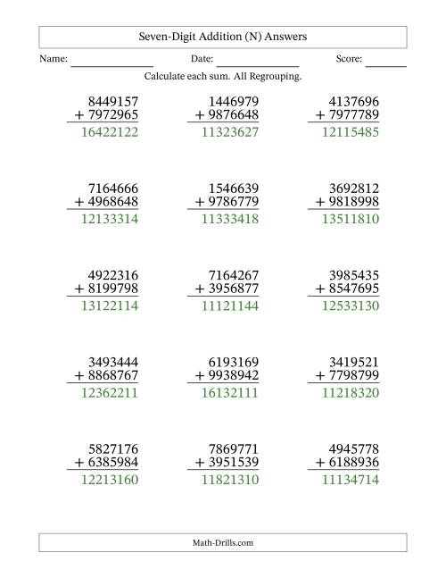 The Seven-Digit Addition With All Regrouping – 15 Questions (N) Math Worksheet Page 2