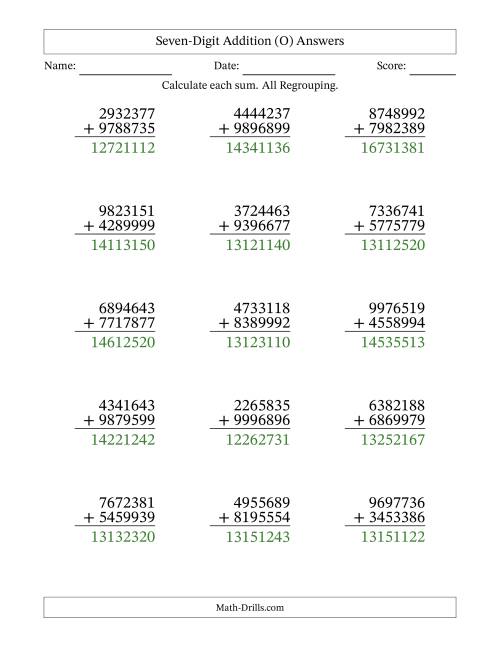 The Seven-Digit Addition With All Regrouping – 15 Questions (O) Math Worksheet Page 2
