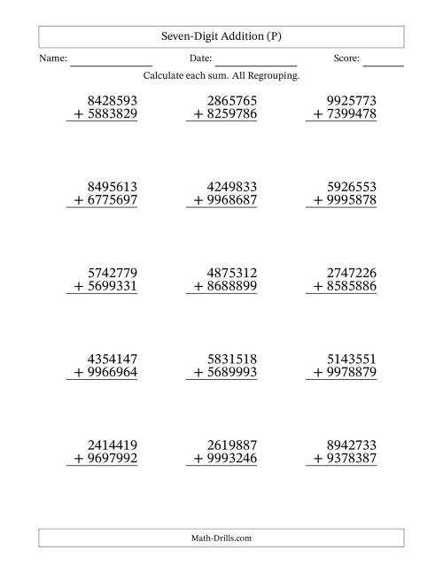 The Seven-Digit Addition With All Regrouping – 15 Questions (P) Math Worksheet