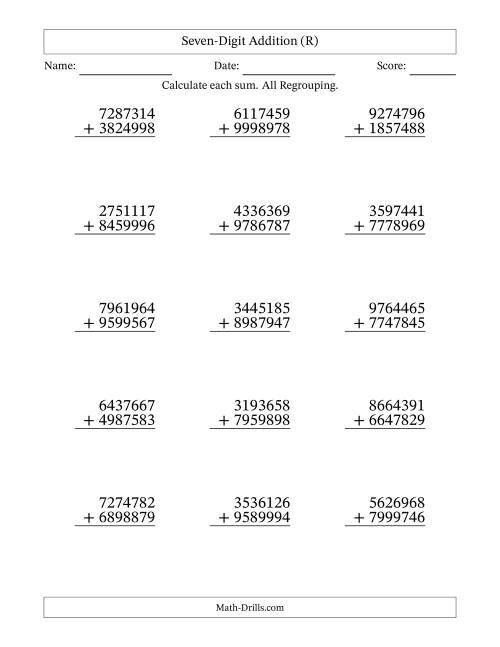 The Seven-Digit Addition With All Regrouping – 15 Questions (R) Math Worksheet