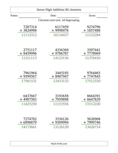 The Seven-Digit Addition With All Regrouping – 15 Questions (R) Math Worksheet Page 2