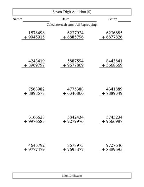 The Seven-Digit Addition With All Regrouping – 15 Questions (S) Math Worksheet