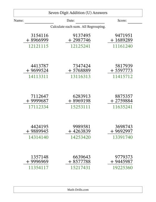 The Seven-Digit Addition With All Regrouping – 15 Questions (U) Math Worksheet Page 2