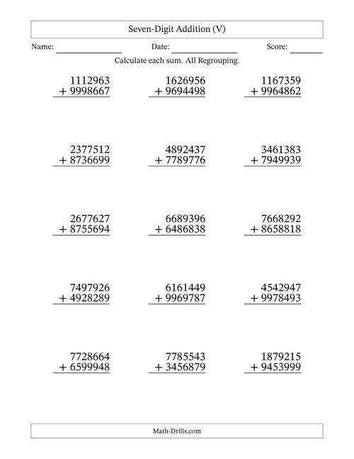 The Seven-Digit Addition With All Regrouping – 15 Questions (V) Math Worksheet