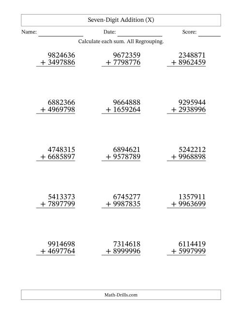 The Seven-Digit Addition With All Regrouping – 15 Questions (X) Math Worksheet