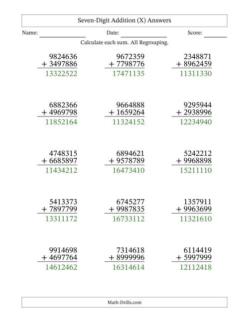 The Seven-Digit Addition With All Regrouping – 15 Questions (X) Math Worksheet Page 2