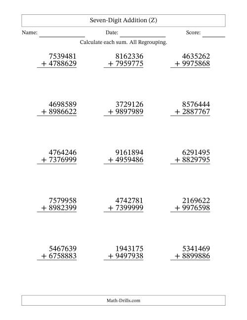 The Seven-Digit Addition With All Regrouping – 15 Questions (Z) Math Worksheet