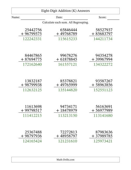 The Eight-Digit Addition With All Regrouping – 15 Questions (K) Math Worksheet Page 2