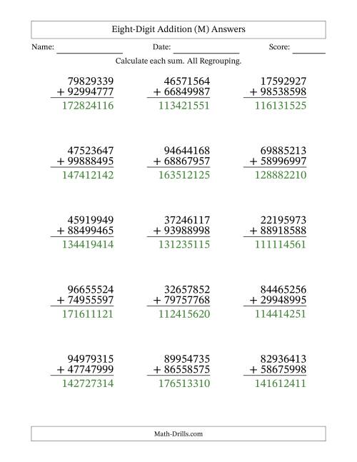 The Eight-Digit Addition With All Regrouping – 15 Questions (M) Math Worksheet Page 2