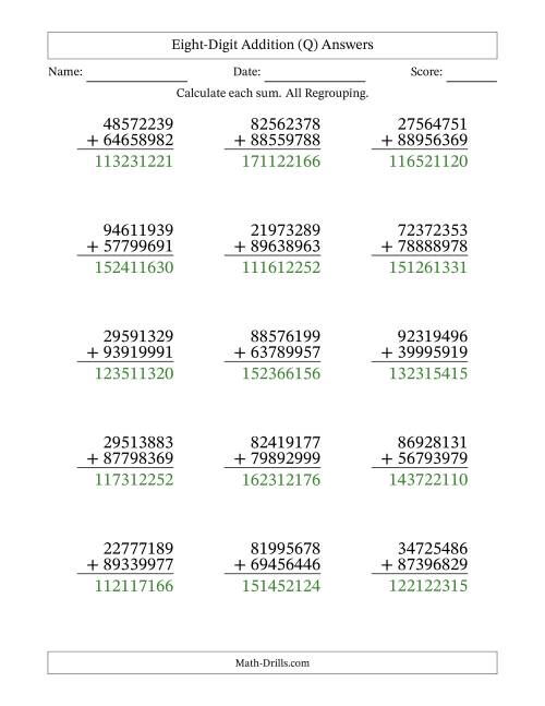 The Eight-Digit Addition With All Regrouping – 15 Questions (Q) Math Worksheet Page 2
