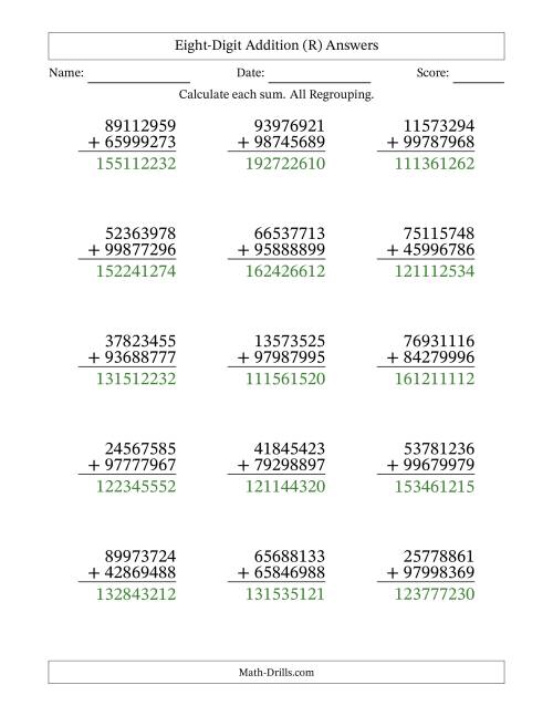 The Eight-Digit Addition With All Regrouping – 15 Questions (R) Math Worksheet Page 2