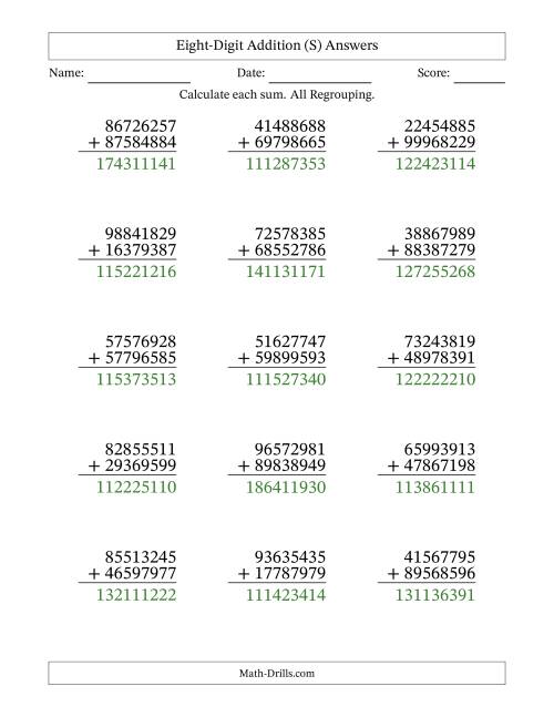 The Eight-Digit Addition With All Regrouping – 15 Questions (S) Math Worksheet Page 2