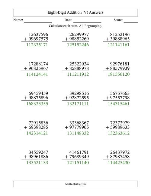 The Eight-Digit Addition With All Regrouping – 15 Questions (V) Math Worksheet Page 2