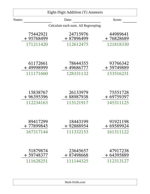 The Eight-Digit Addition With All Regrouping – 15 Questions (Y) Math Worksheet Page 2