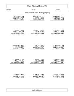 Nine-Digit Addition With All Regrouping – 15 Questions