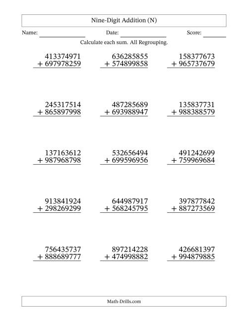 The Nine-Digit Addition With All Regrouping – 15 Questions (N) Math Worksheet