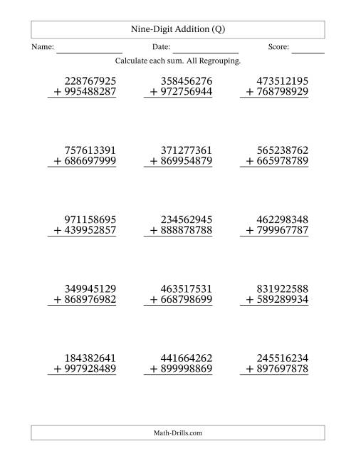 The Nine-Digit Addition With All Regrouping – 15 Questions (Q) Math Worksheet