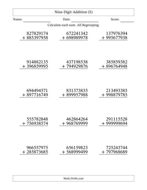 The Nine-Digit Addition With All Regrouping – 15 Questions (S) Math Worksheet
