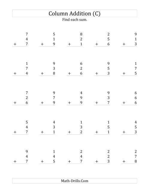 The Adding Three One-Digit Numbers (C) Math Worksheet