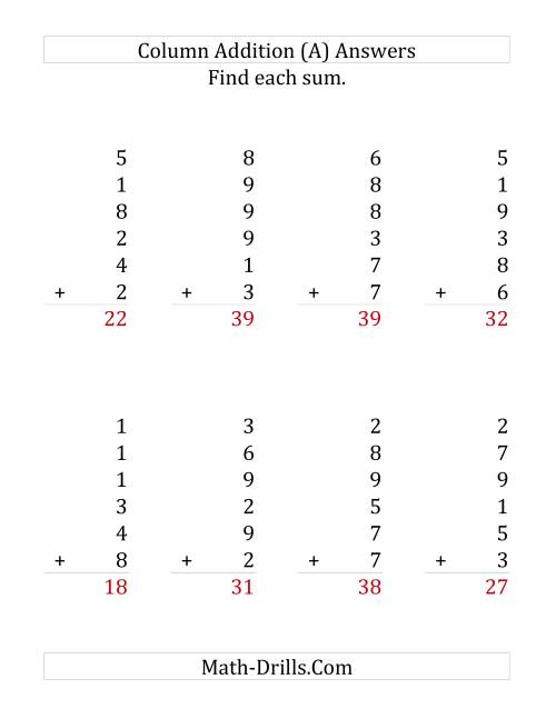 The Adding Six One-Digit Numbers (Large Print) Math Worksheet Page 2