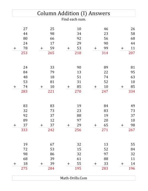 The Adding Five Two-Digit Numbers (I) Math Worksheet Page 2