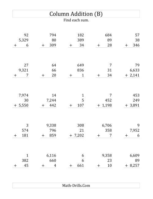The Adding Three Various-Digit Numbers (B) Math Worksheet