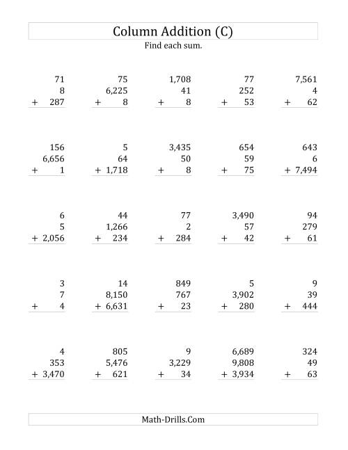 The Adding Three Various-Digit Numbers (C) Math Worksheet
