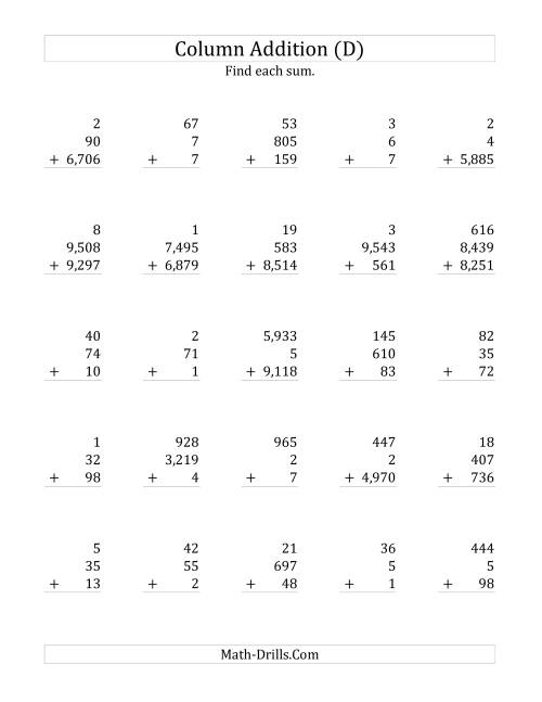 The Adding Three Various-Digit Numbers (D) Math Worksheet