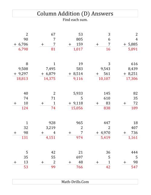 The Adding Three Various-Digit Numbers (D) Math Worksheet Page 2