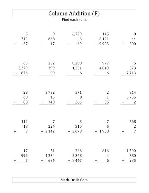 The Adding Three Various-Digit Numbers (F) Math Worksheet