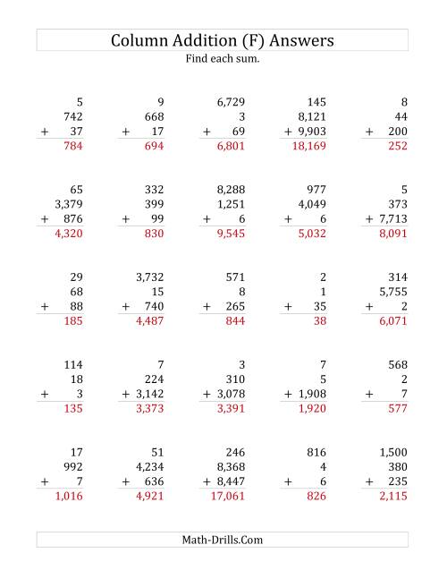 The Adding Three Various-Digit Numbers (F) Math Worksheet Page 2