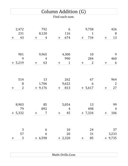 The Adding Three Various-Digit Numbers (G) Math Worksheet