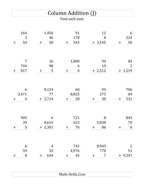 The Adding Three Various-Digit Numbers (J) Math Worksheet