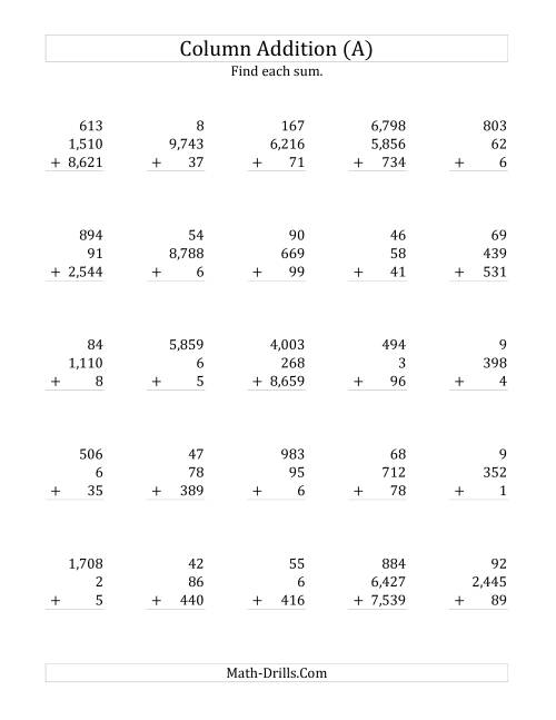 The Adding Three Various-Digit Numbers (All) Math Worksheet